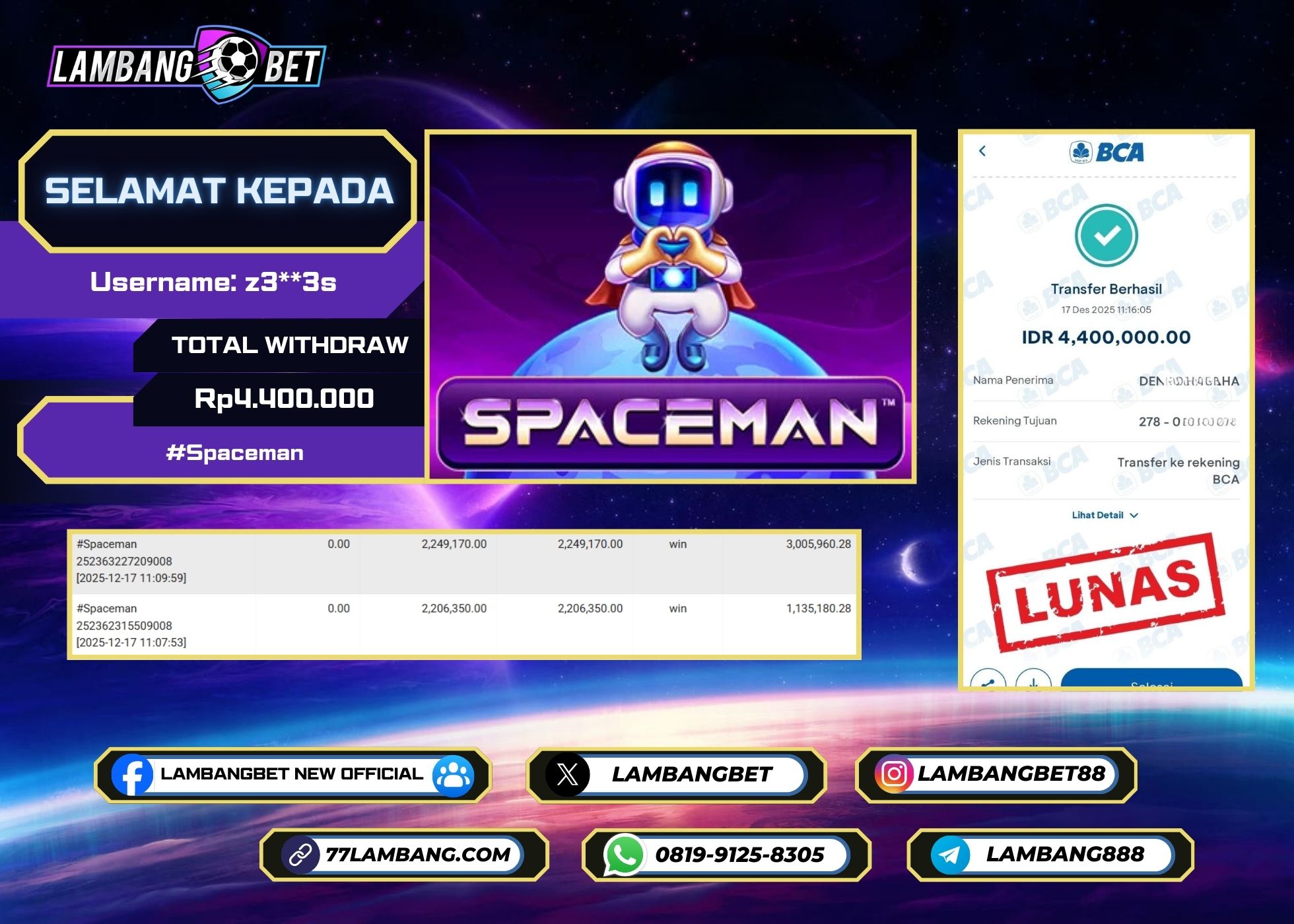 LAMBANGBET [17 DESEMBER 2025] JACKPOT ARCADE Spaceman "Rp4.400.000" LUNAS